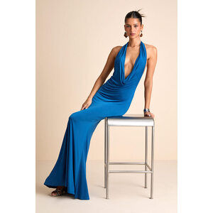 Lulus Eye-catching Silhouette Blue Cowl Neck Halter Maxi Dress - Size XS